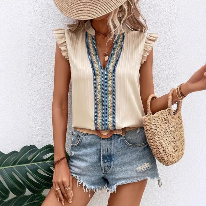 Chemisier d'été en dentelle, col en V, patchwork, manches à volants, pour femme