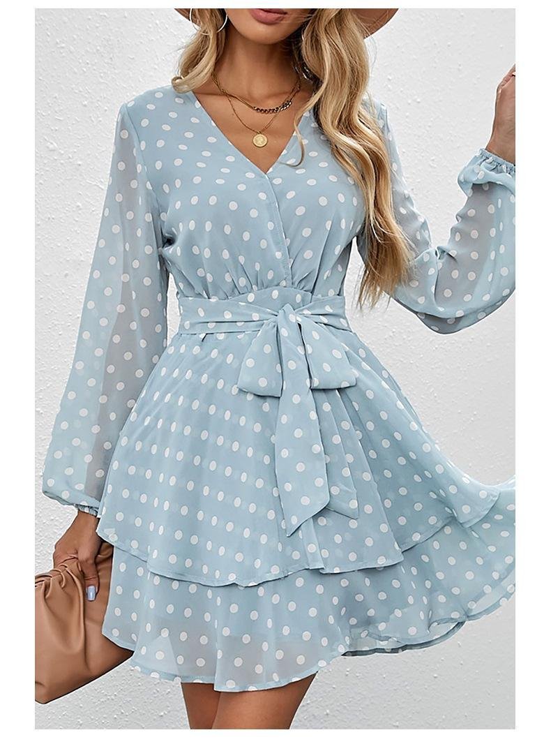 Robe trapèze à volants taille lacée-couleur bleu ciel