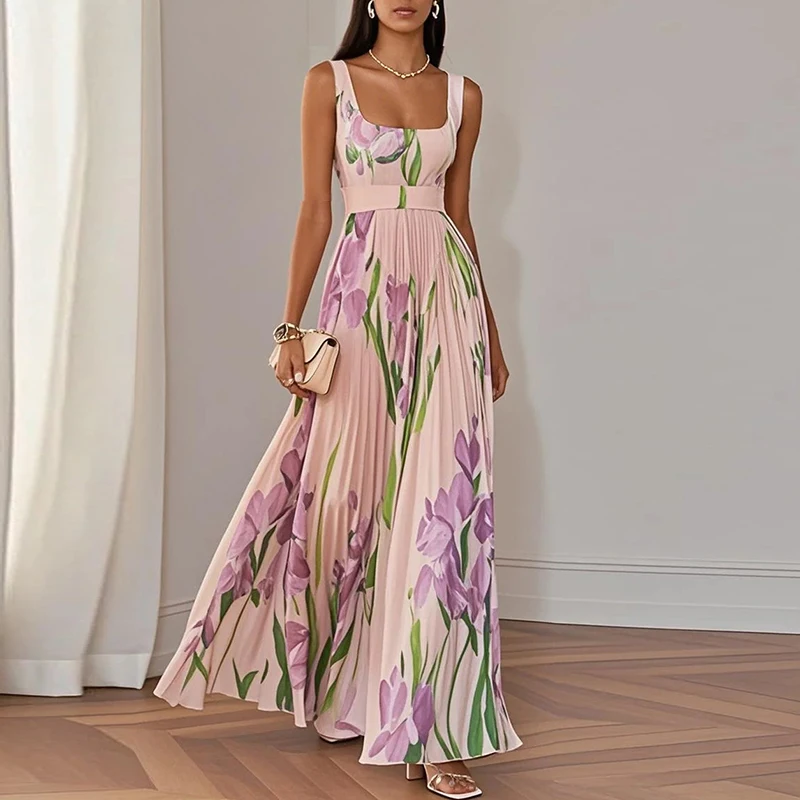 Robe Longue Plissée à Imprimé Floral Élégant – Nouvelle Collection Printemps