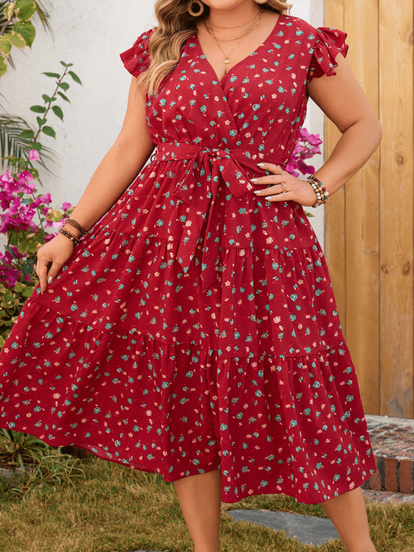 Robe rouge imprimée sans manches en dentelle à manches courtes pour femmes grande taille